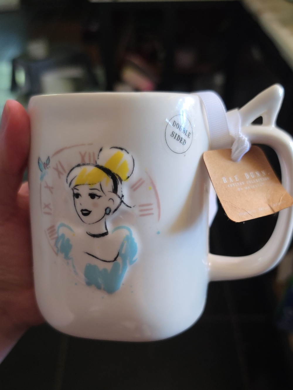 Rae Dunn White Ceramic Cinderella Mug with Yellow and Blue Accents